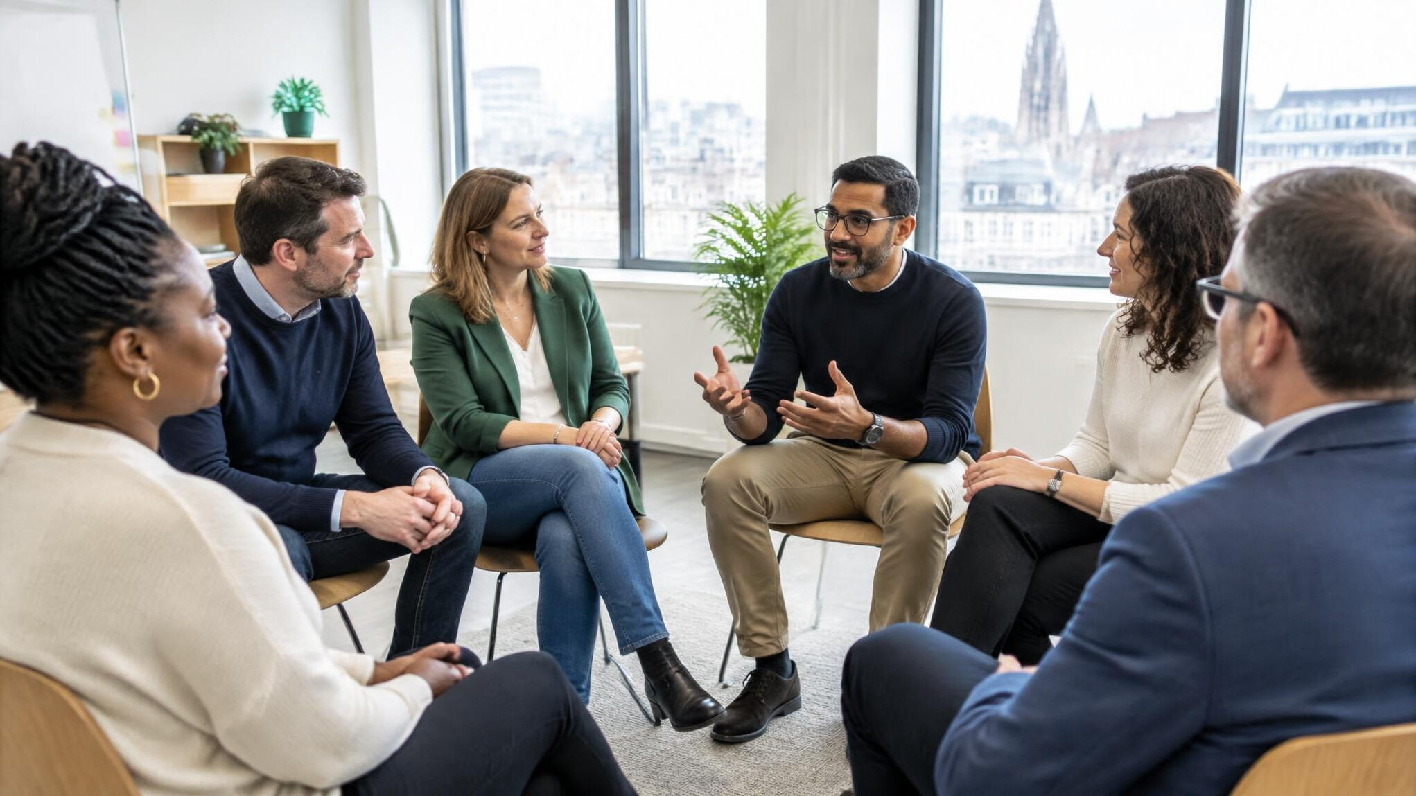 Diverse team sitting in a circle during a workplace cohesion session