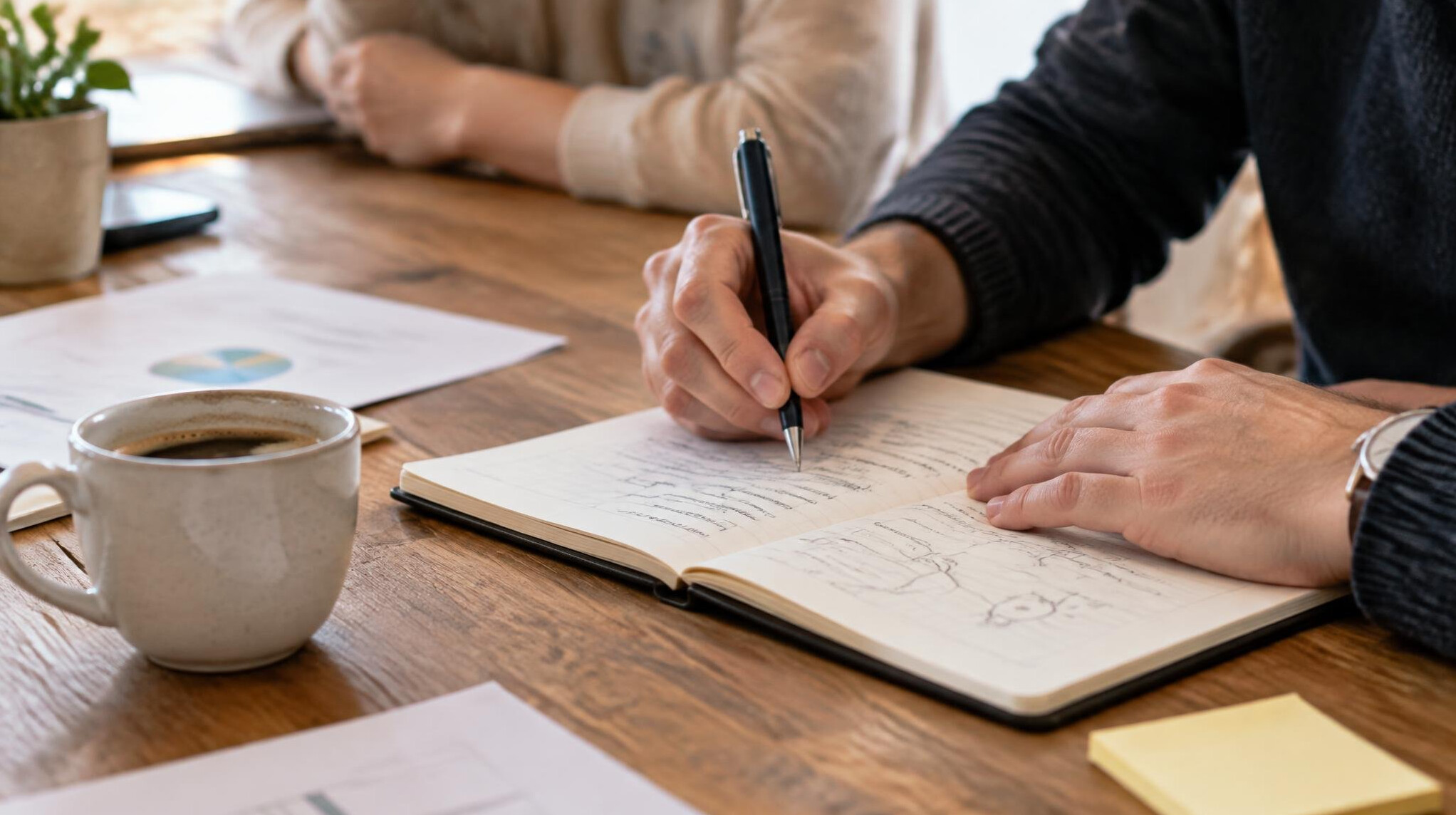 Close-up of hands taking notes during a team workshop